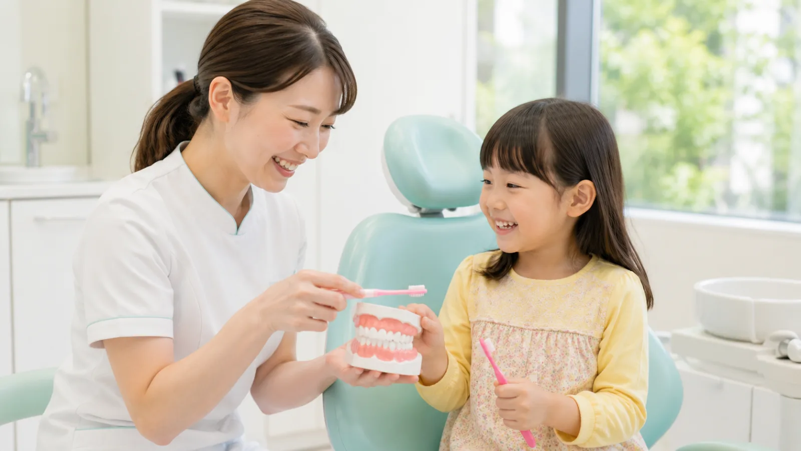 歯科衛生士が子供に歯みがきを教えている様子
